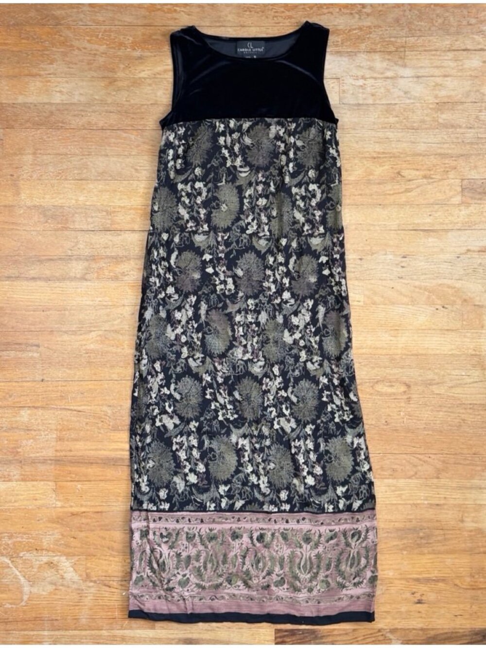 Vintage Velvet Bodice Floral Maxi Dress 90s Carole Little Romantic Boho  Pull on